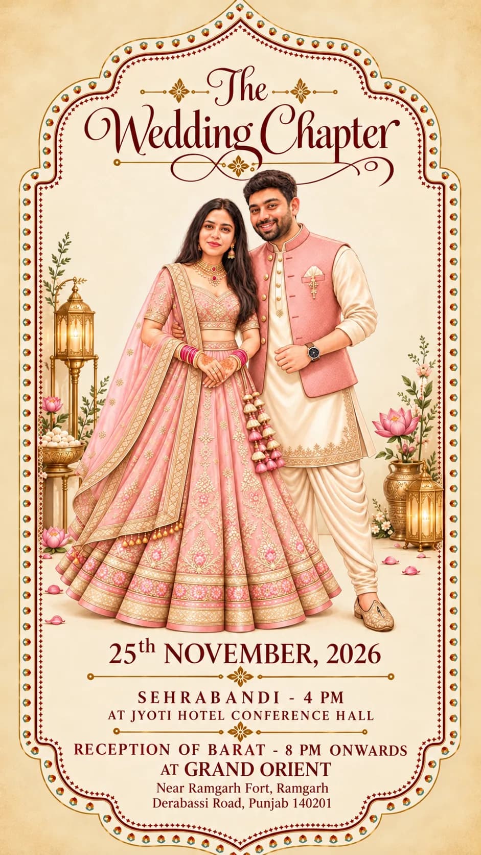 The Wedding Chapter — 25th November 2026. Sehrabandi at 4 PM at Jyoti Hotel Conference Hall; reception of Barat from 8 PM onwards at Grand Orient, Near Ramgarh Fort, Ramgarh–Derabassi Road, Punjab